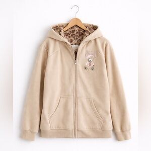 Common Stitch Teddy Bear Beige Zip Up Hoodie Large 14